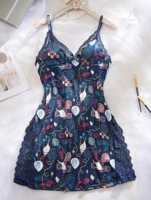 Navy blue satin nightgown with floral patterns and lace trim by Lunara