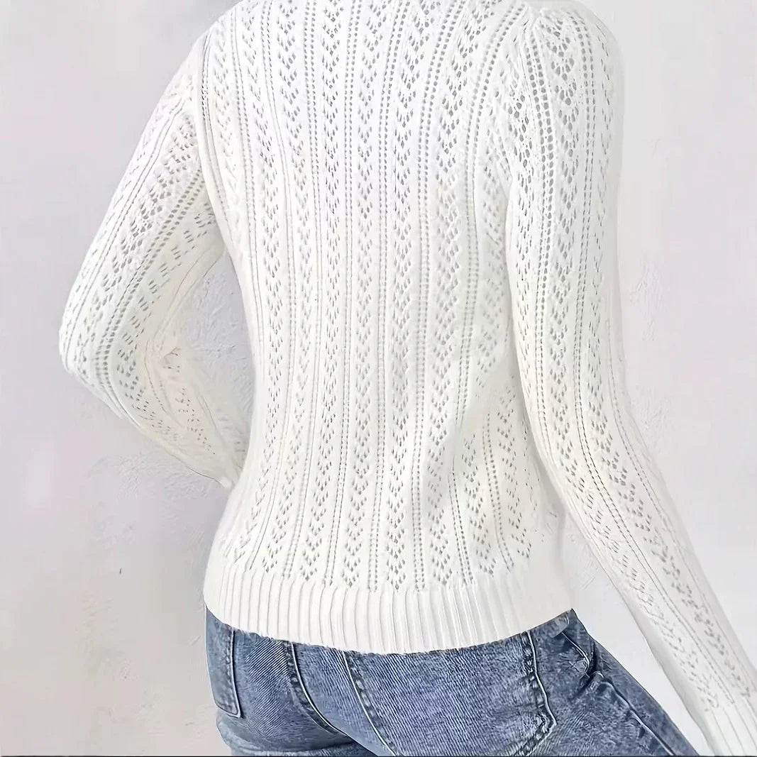 Back view of a Fashion Images V2 women's white long-sleeve cable knit cardigan sweater.