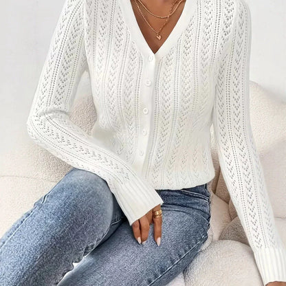 Fashion Images V2 women's white long-sleeve open knit cardigan sweater with button front.