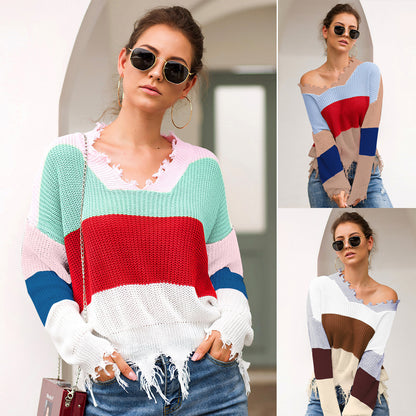 Loose Knit Sweater with Wave Fringe Hem